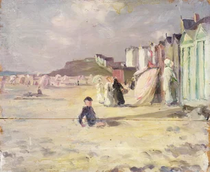 Figuren die langs een rij strandhutten lopen